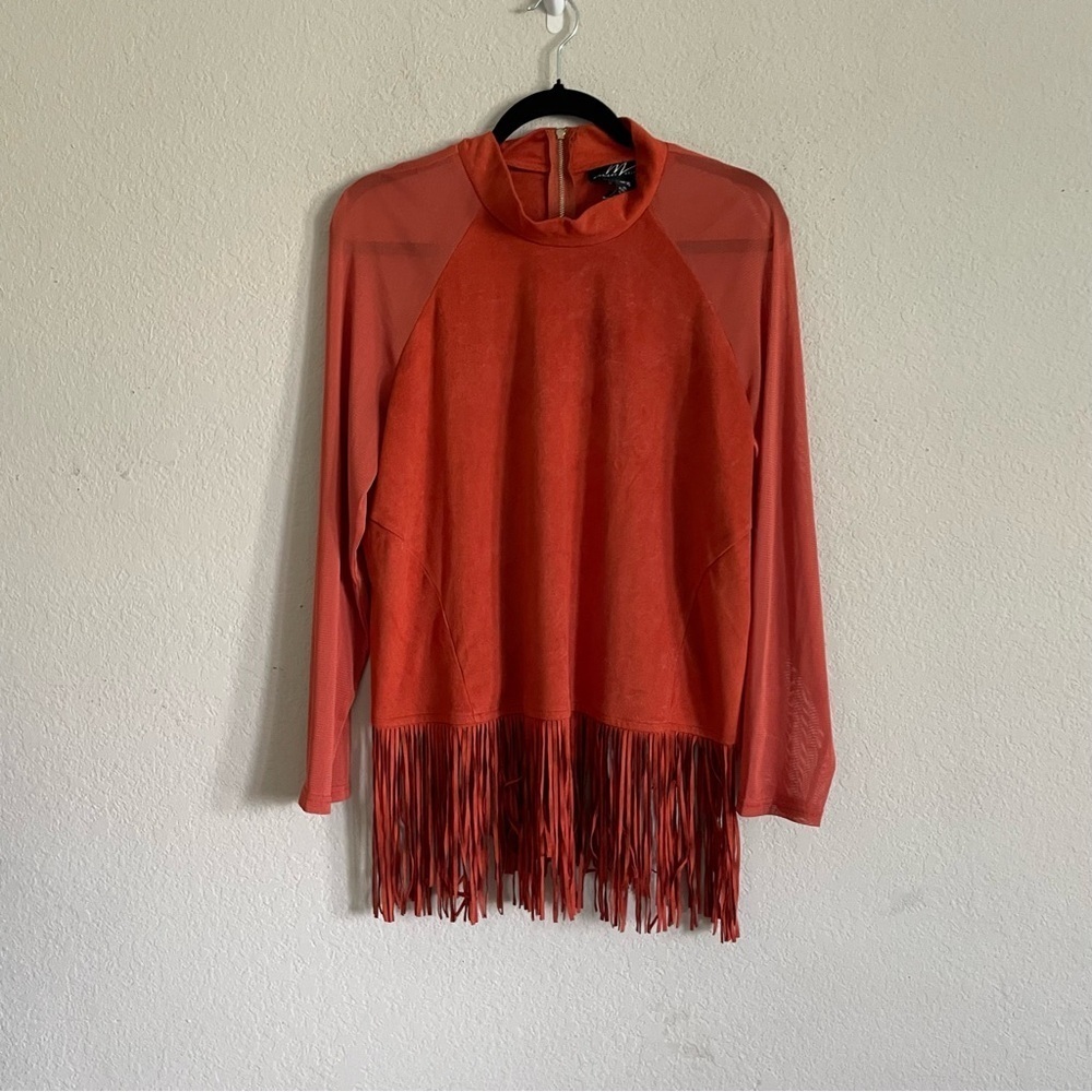 Midnight Velvet woman fringe orange top size XL sheer sleeve chic western - Picture 3 of 11